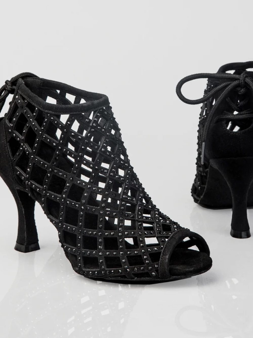 Black Open-Toe Lattice High-Heel Dance Booties